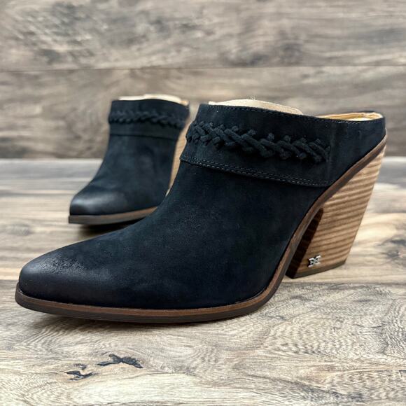 NIB SAM EDELMAN Alison 8M Suede Pointed Toe Stacked Block Heel Mule Black - Picture 5 of 11